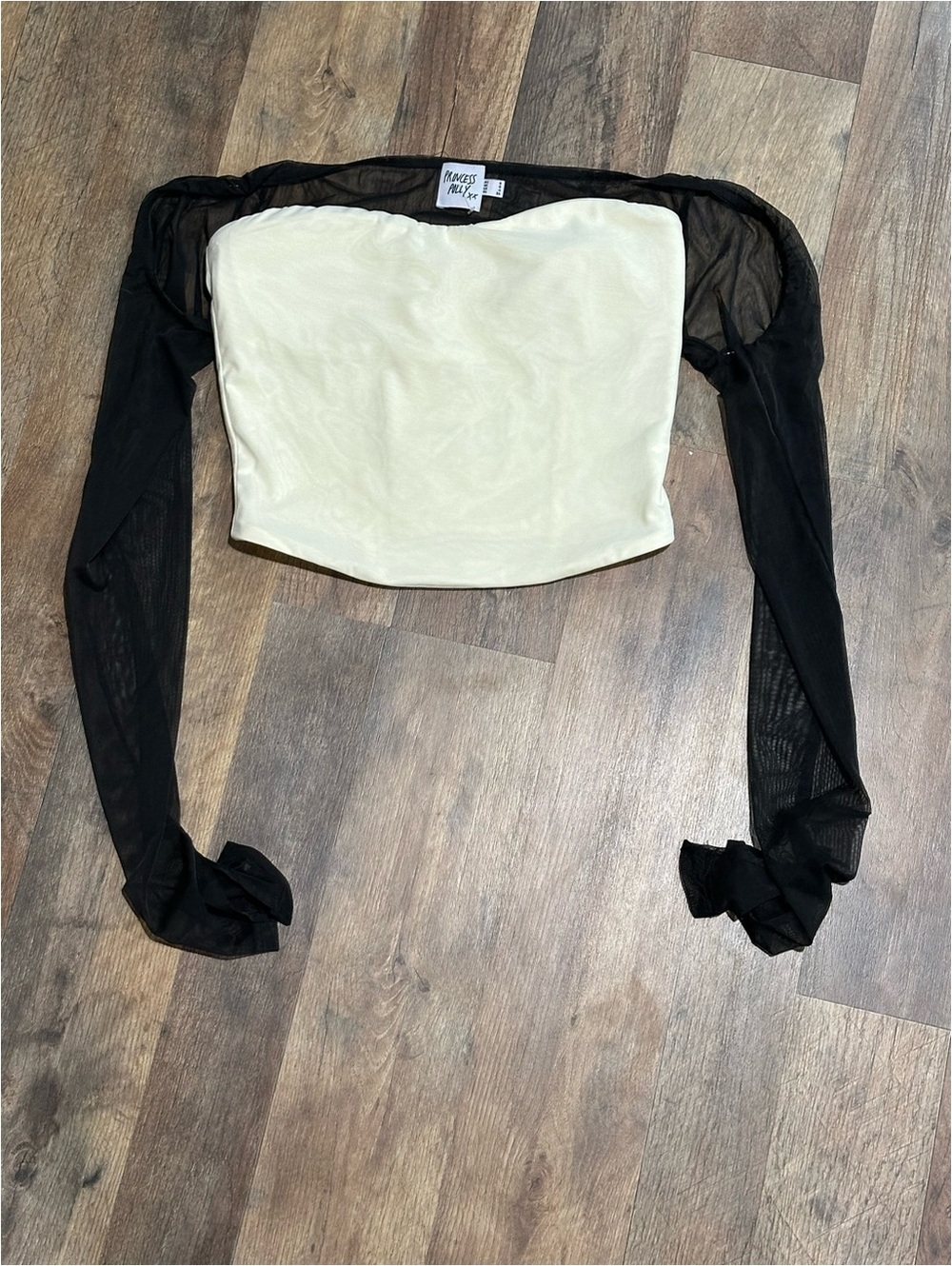 Princess Polly Cream Strapless Crop Top with Black Mesh Sleeves